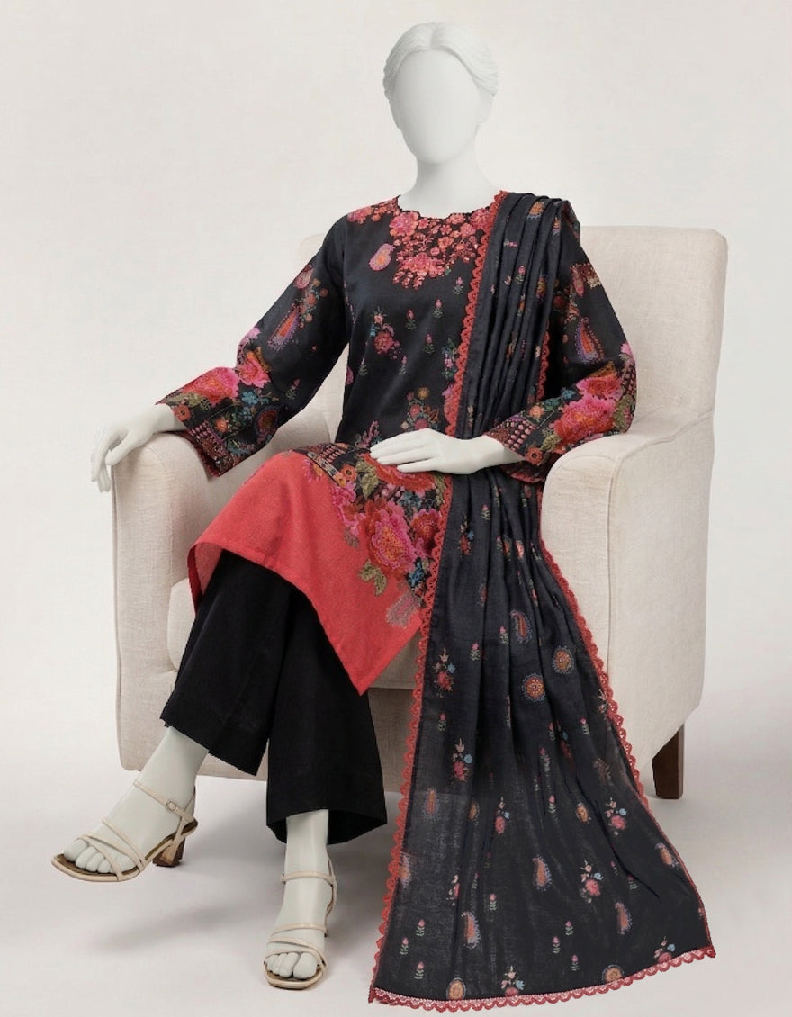 BLACK LAWN EMBROIDERED STITCHED 3PC