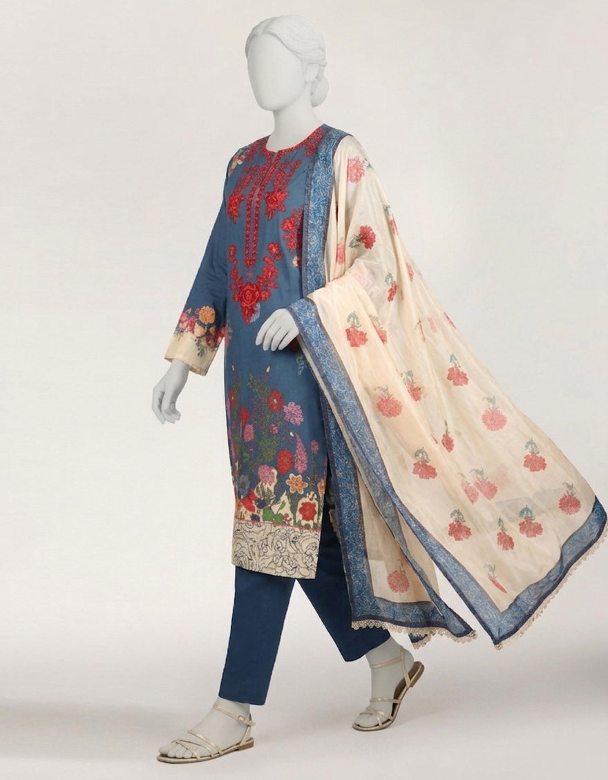 BLUE LAWN EMBROIDERED STITCHED 3PC