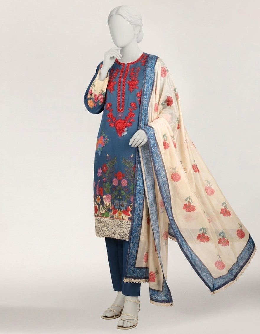 BLUE LAWN EMBROIDERED STITCHED 3PC