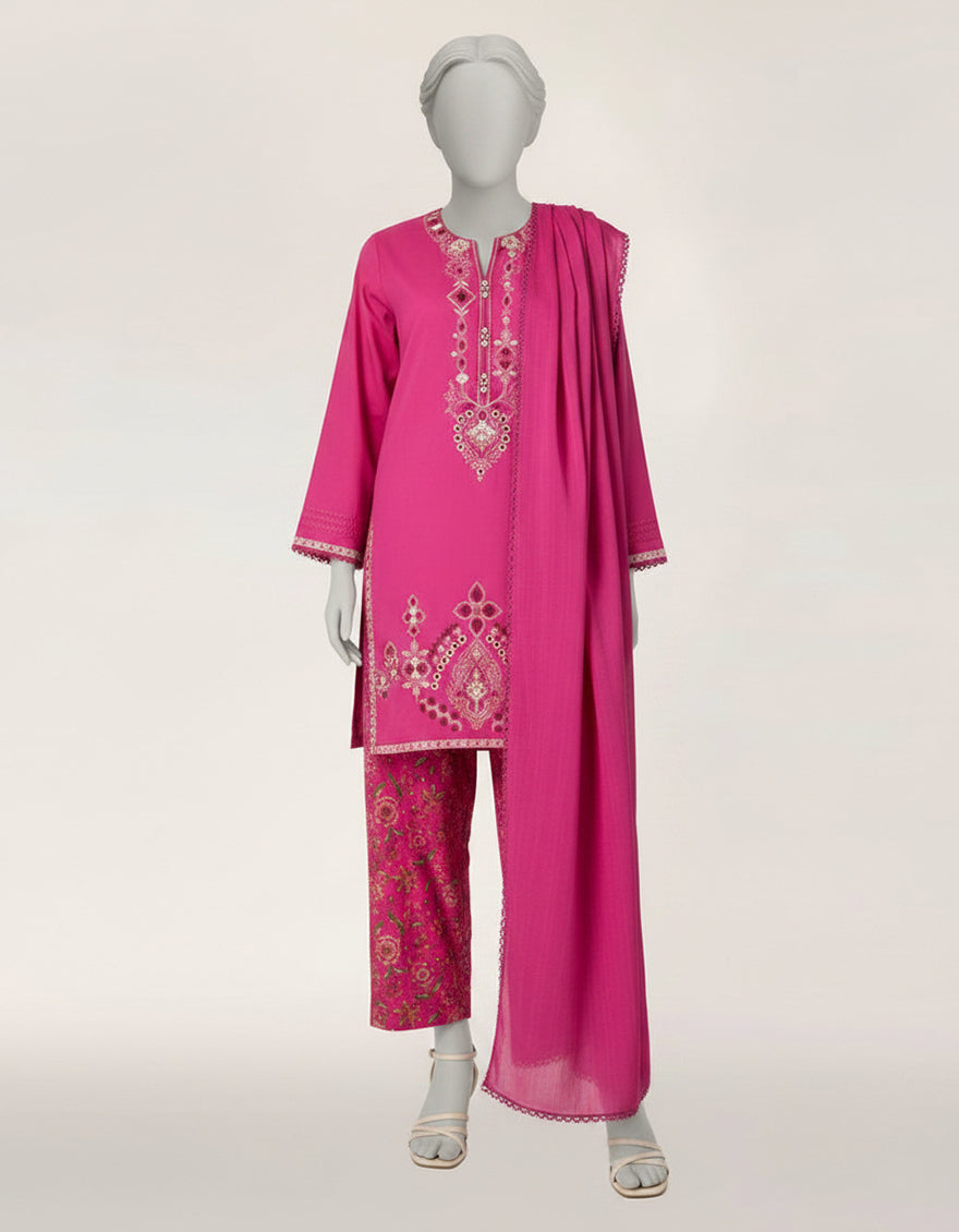 PINK LAWN EMBROIDERED STITCHED 3PC