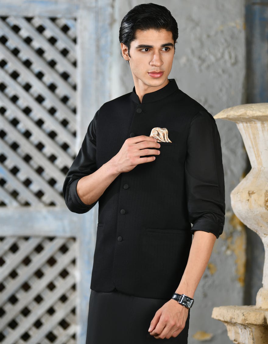 Black Suiting Waist Coat | Jjvc-A-27380-R10-Ap