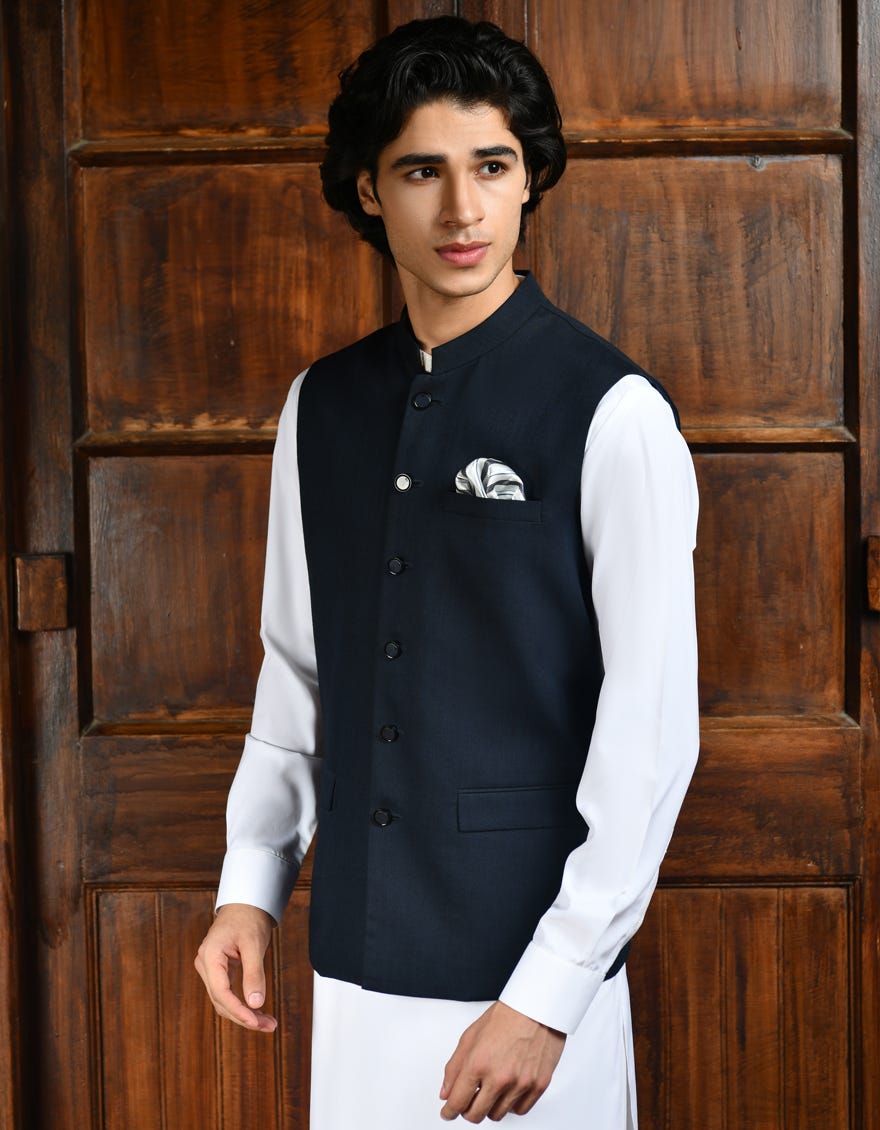Navy Blue Suiting Waist Coat | Jjvc-A-27381-R10-Ap