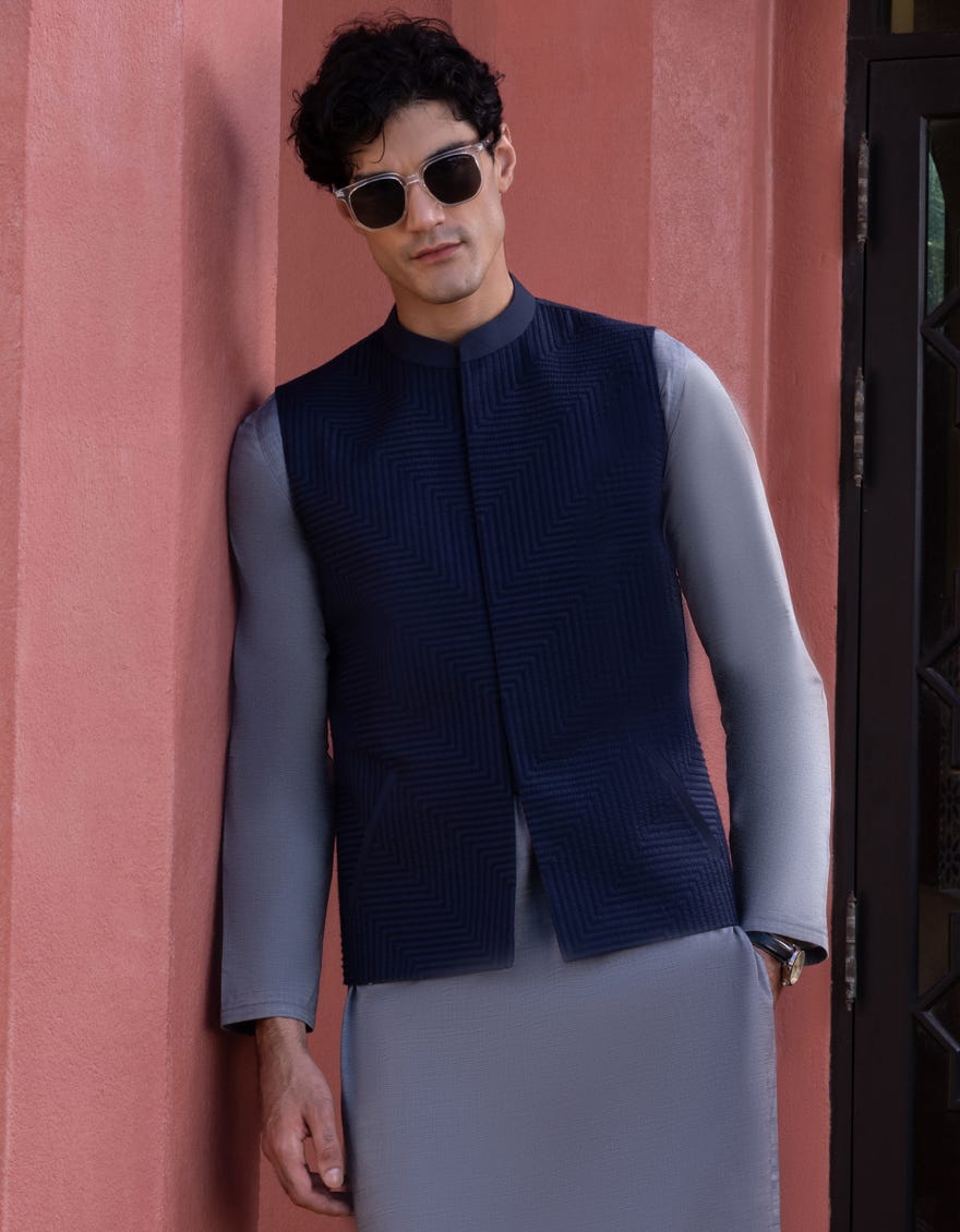 Navy Blue Blended Waistcoat | Jjvc-27456