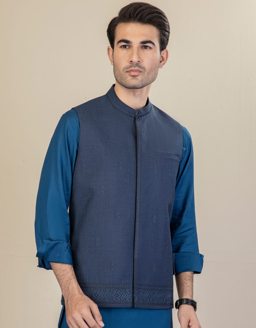 Navy Blue Blended Waistcoat | Jjvc-27462