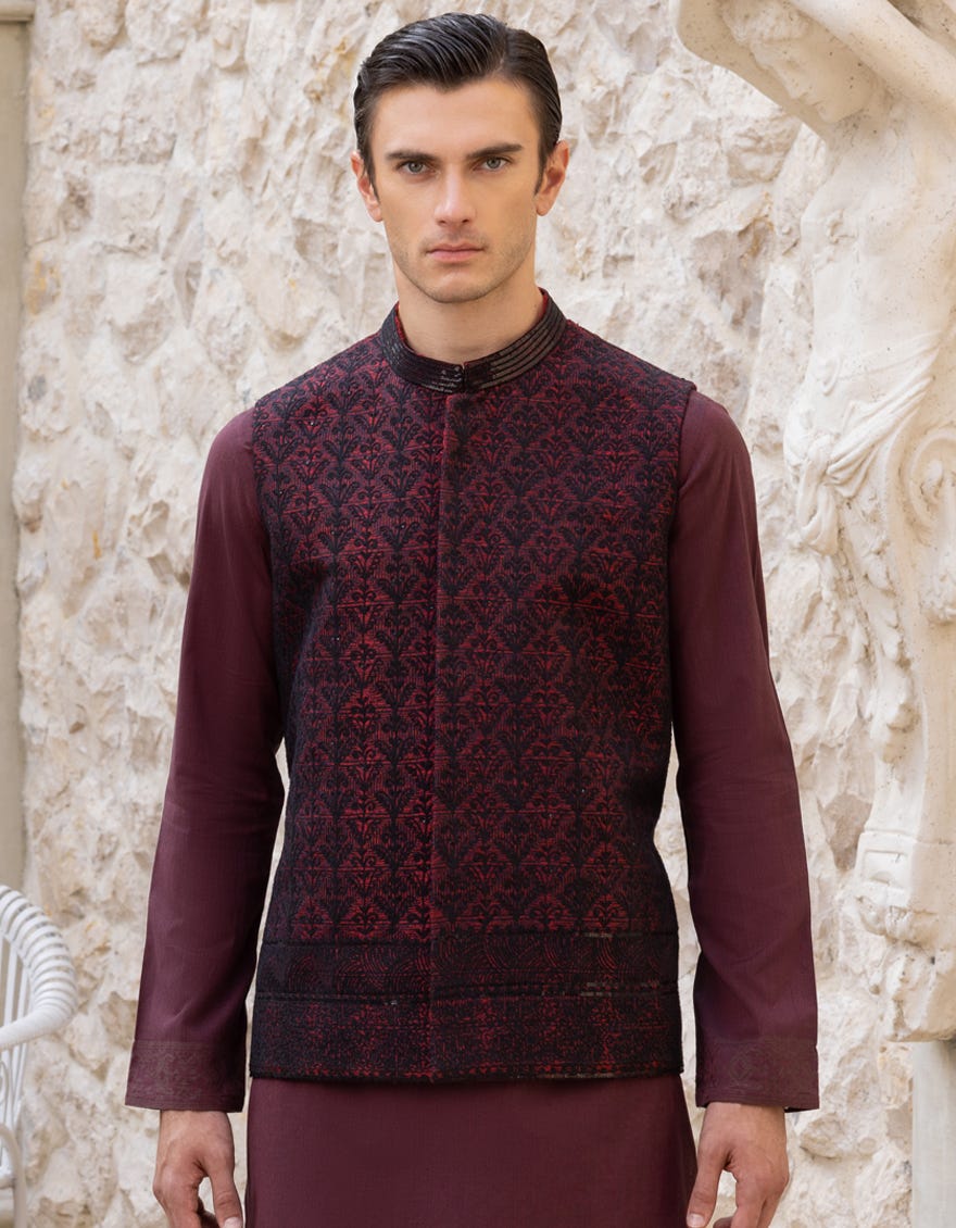 Maroon Polyester Waistcoat | Jjvc-27478