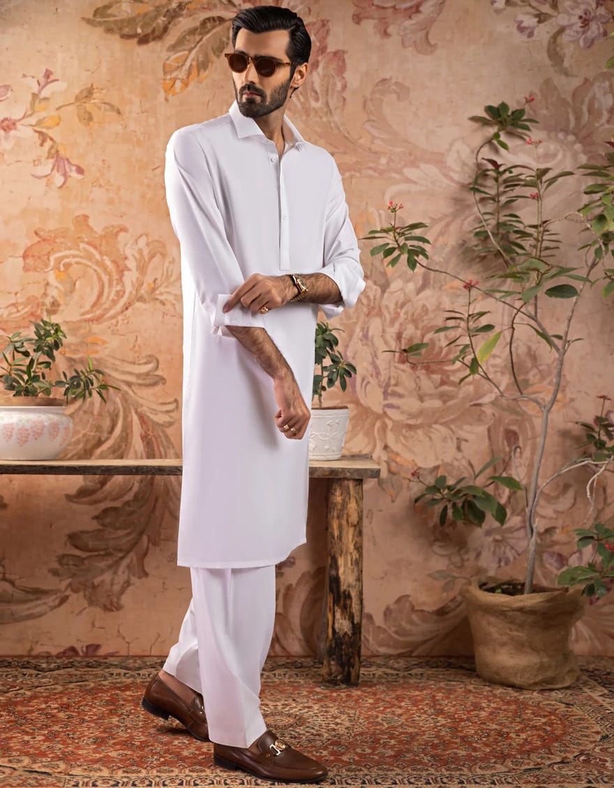White Blended Unstitched Kameez Shalwar Fabric | Jjms-3005-R5