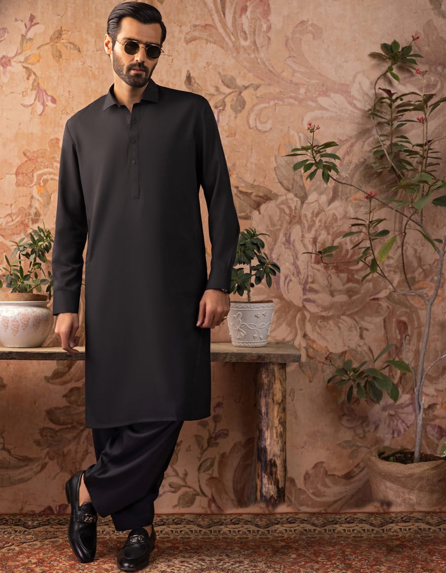 Black Blended Unstitched Kameez Shalwar Fabric | Jjms-3005-R3