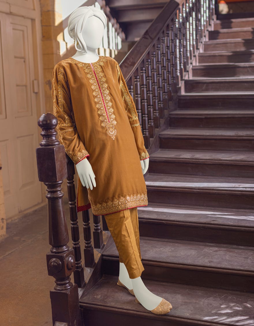 Golden Beige Velvet Women's Kurti | Jjlk-W-Jws-22-3064