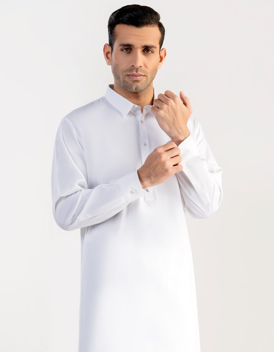 White Blended Men's Kameez Shalwar | Jjks-A-30727-R16-Ap