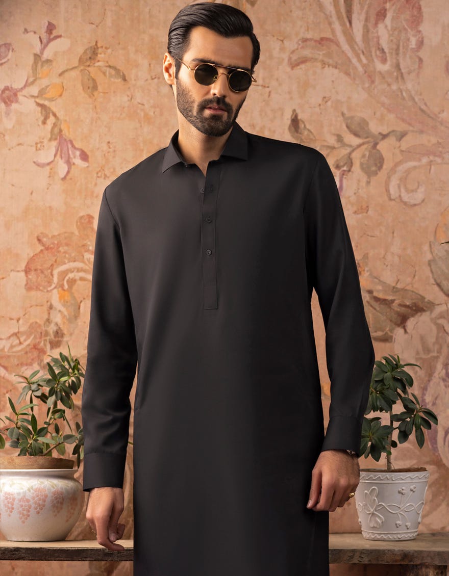 Black Blended Men's Kameez Shalwar | Jjks-A-30729-R28