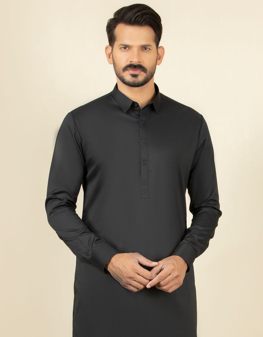 Black Blended Men's Kameez Shalwar | Jjks-S-30729-R30-Ap
