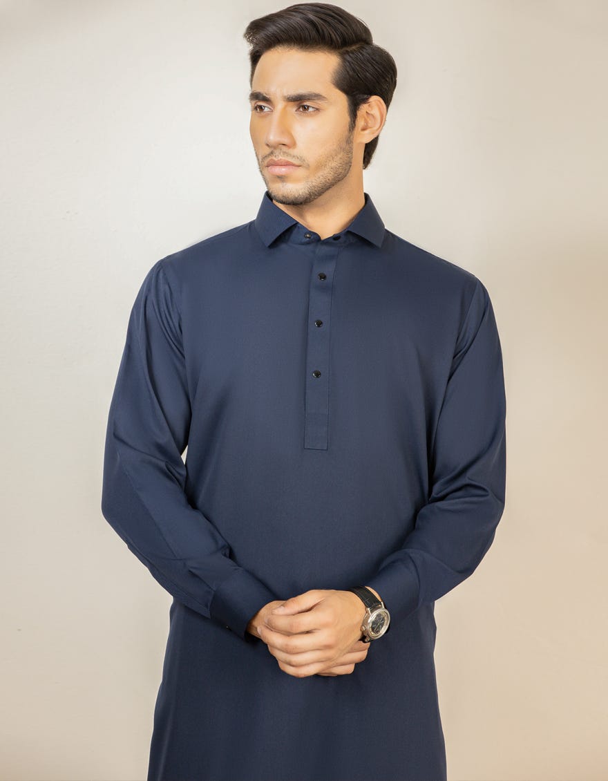 Navy Blue Blended Men's Kameez Shalwar | Jjks-A-30779-R31-Ap