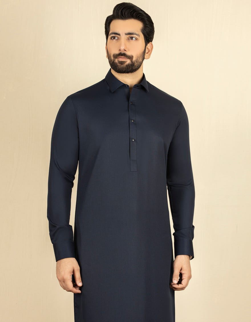 Navy Blue Blended Men's Kameez Shalwar | Jjks-A-30779-R28-Ap