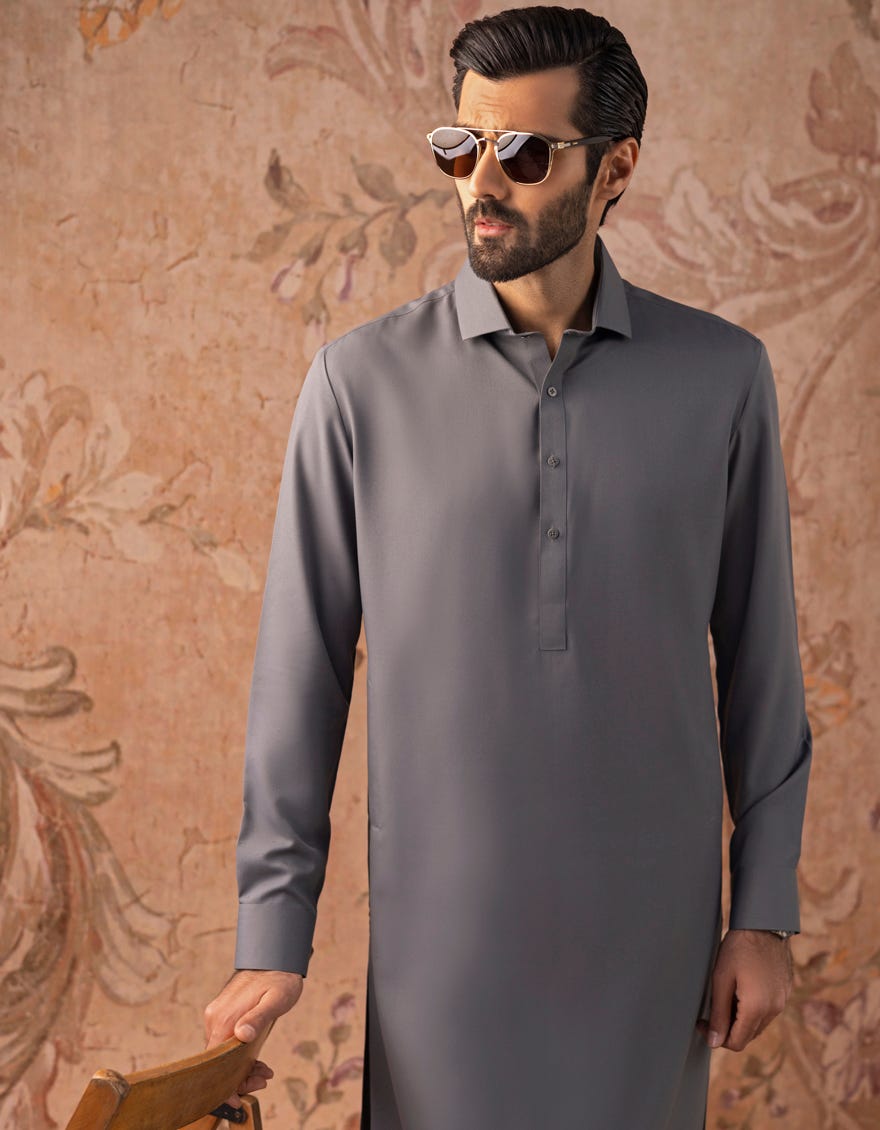 Grey Blended Men's Kameez Shalwar | Jjks-A-30820-R20