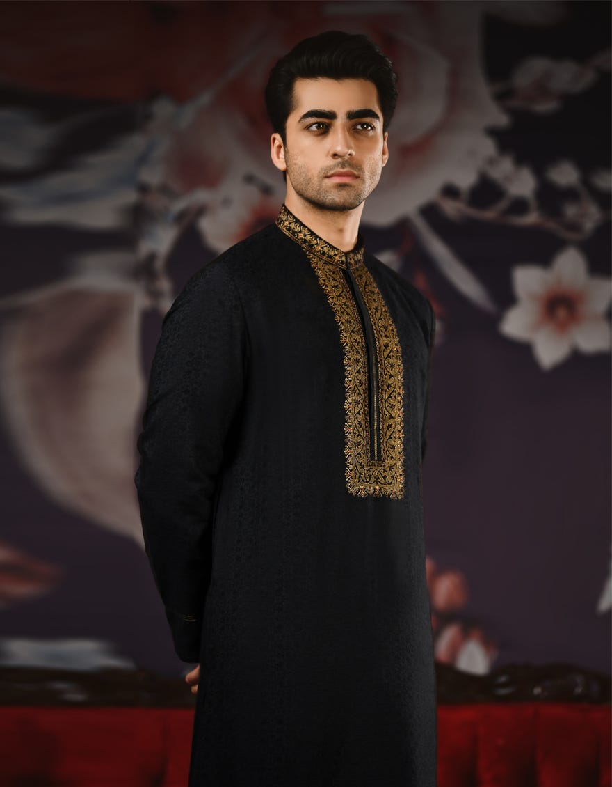 Black Jamawar Special Men's Kurta | Jjk-Sp-32554