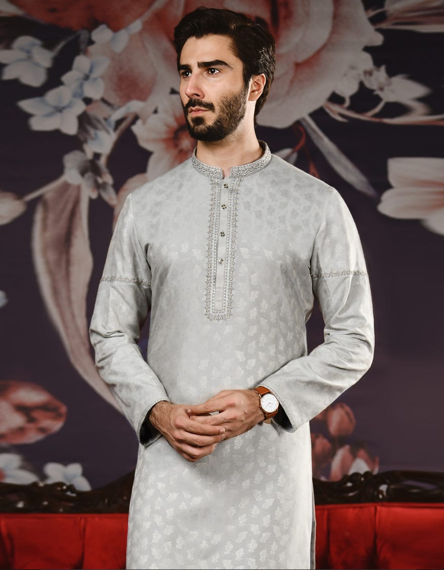 Ash Grey Jamawar Special Men's Kurta | Jjk-Sp-32574