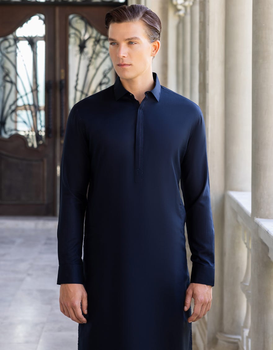 Midnight Blue Cotton Men's Kameez Shalwar | Jjks-S-32668