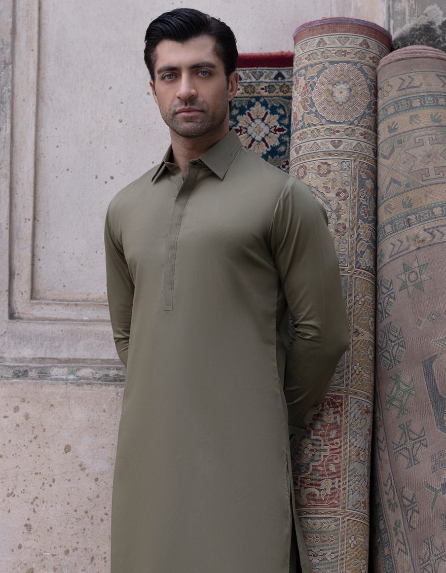 Olive Cotton Men's Kameez Shalwar | Jjks-S-32691