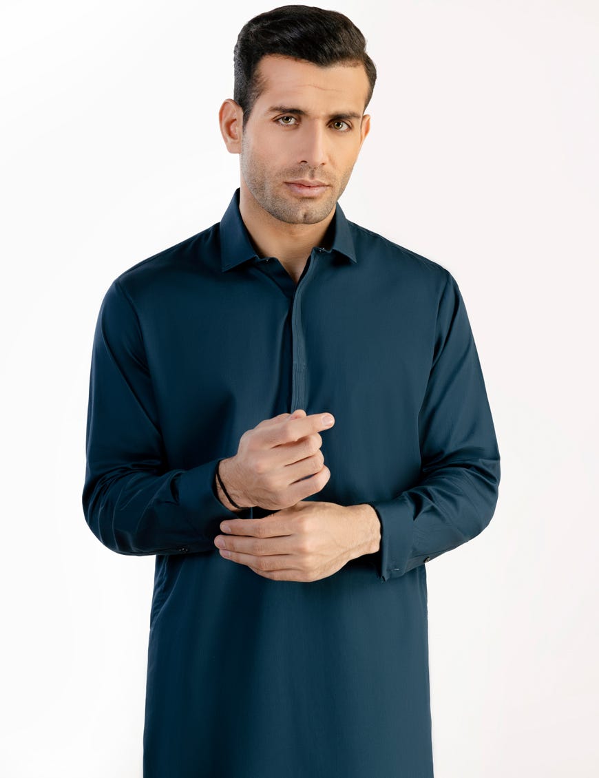Blue Blended Men's Kameez Shalwar | Jjks-S-32692