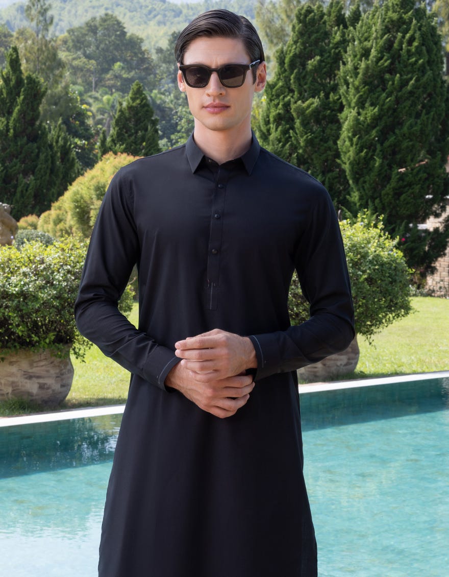 Black Blended Men's Kameez Shalwar | Jjks-S-32693