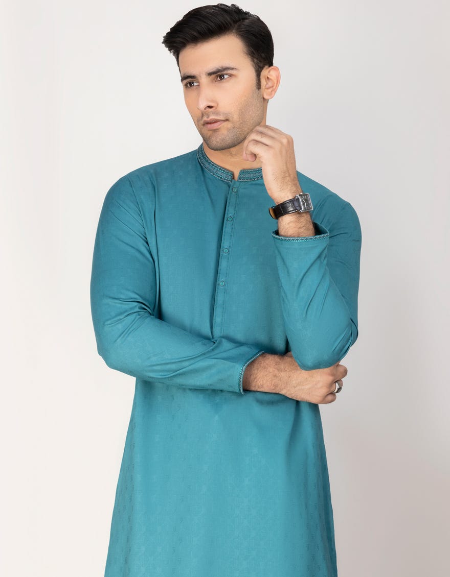 Aqua Green Blended Men's Kurta | Jjk-S-32698