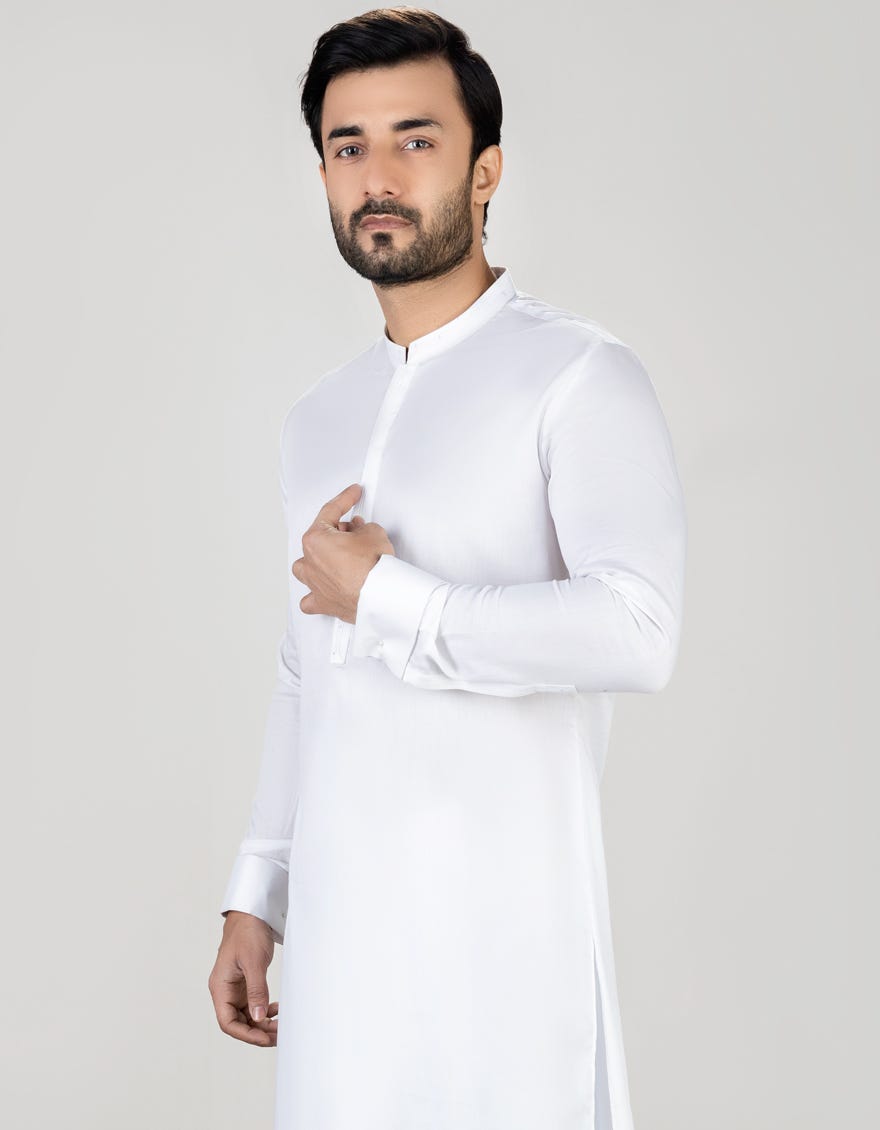 White Cotton Men's Kameez Shalwar | Jjks-S-32700