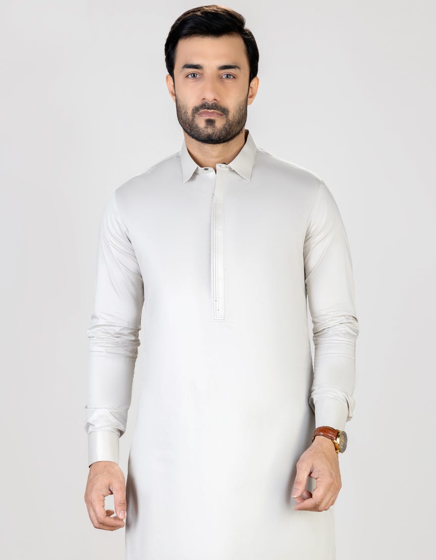 Pearl Grey Blended Men's Kameez Shalwar | Jjks-S-32709