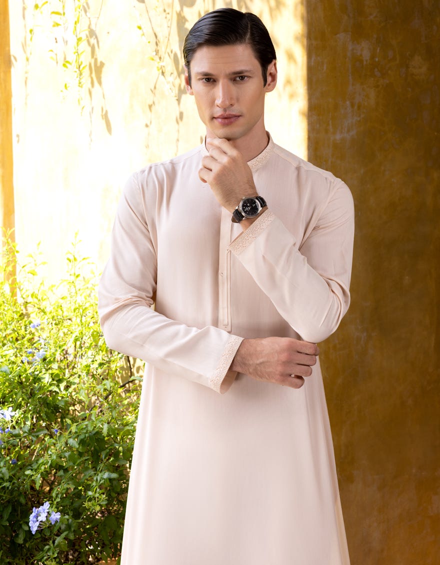 Powder Pink Blended Men's Kurta | Jjk-S-32713