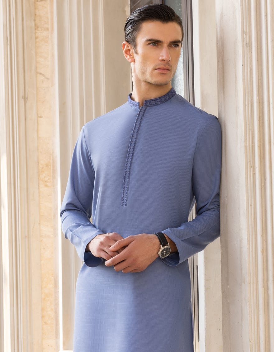 Pigeon Blue Blended Men's Kurta | Jjk-S-32717