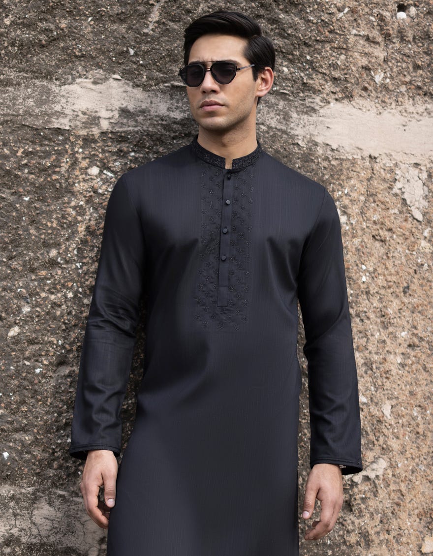 Black Blended Men's Kurta | Jjk-S-32718