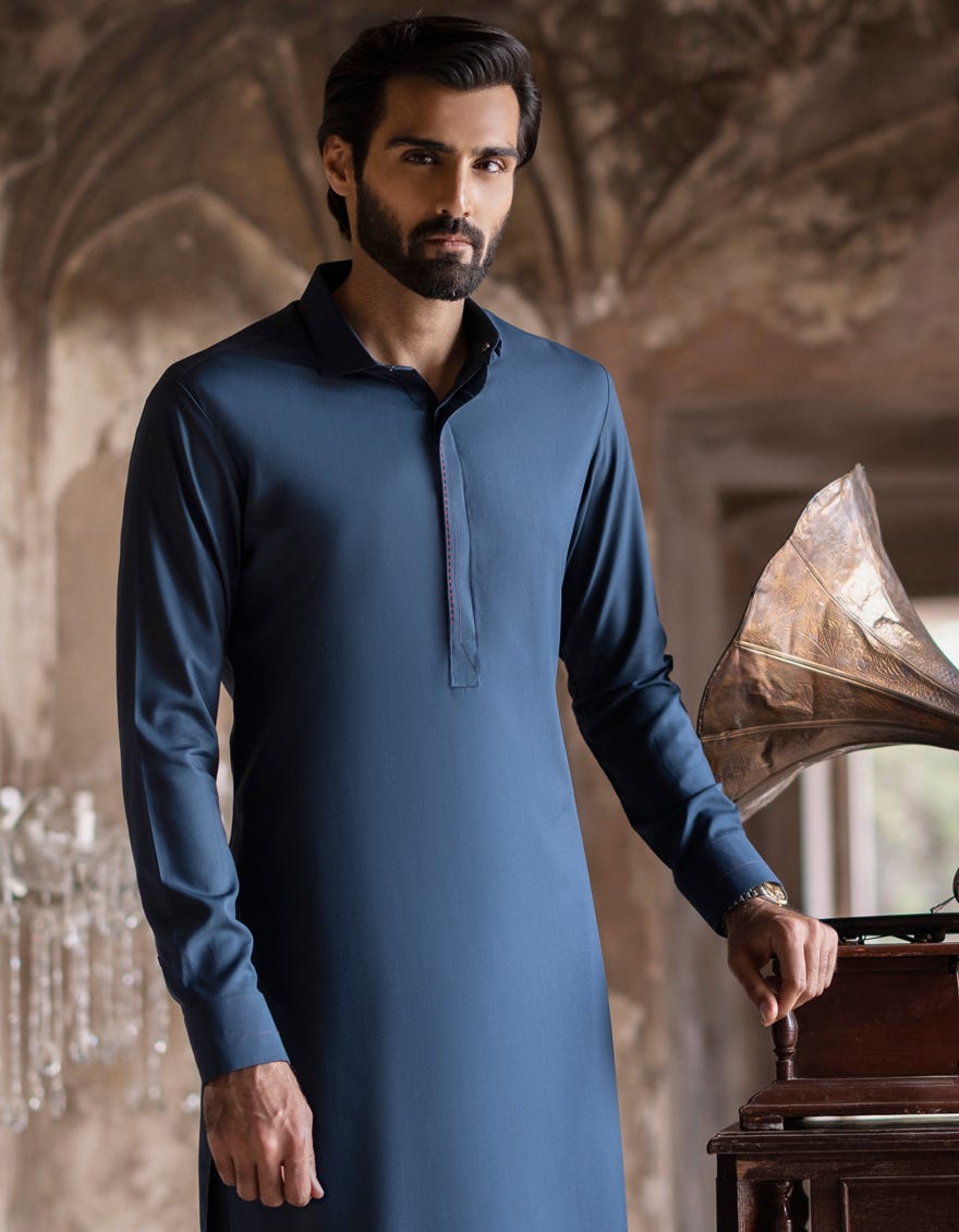 Bluish Green Blended Men's Kameez Shalwar | Jjks-S-32719