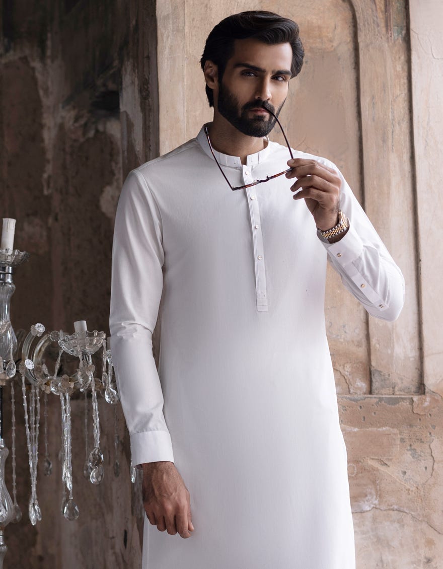 White Cvc Men's Kameez Shalwar | Jjks-S-32722