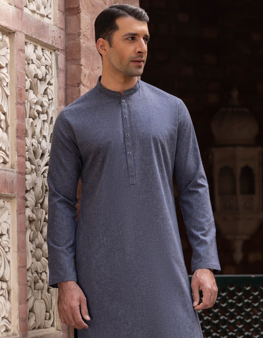 Blue Blended Men's Kameez Shalwar | Jjks-S-32727