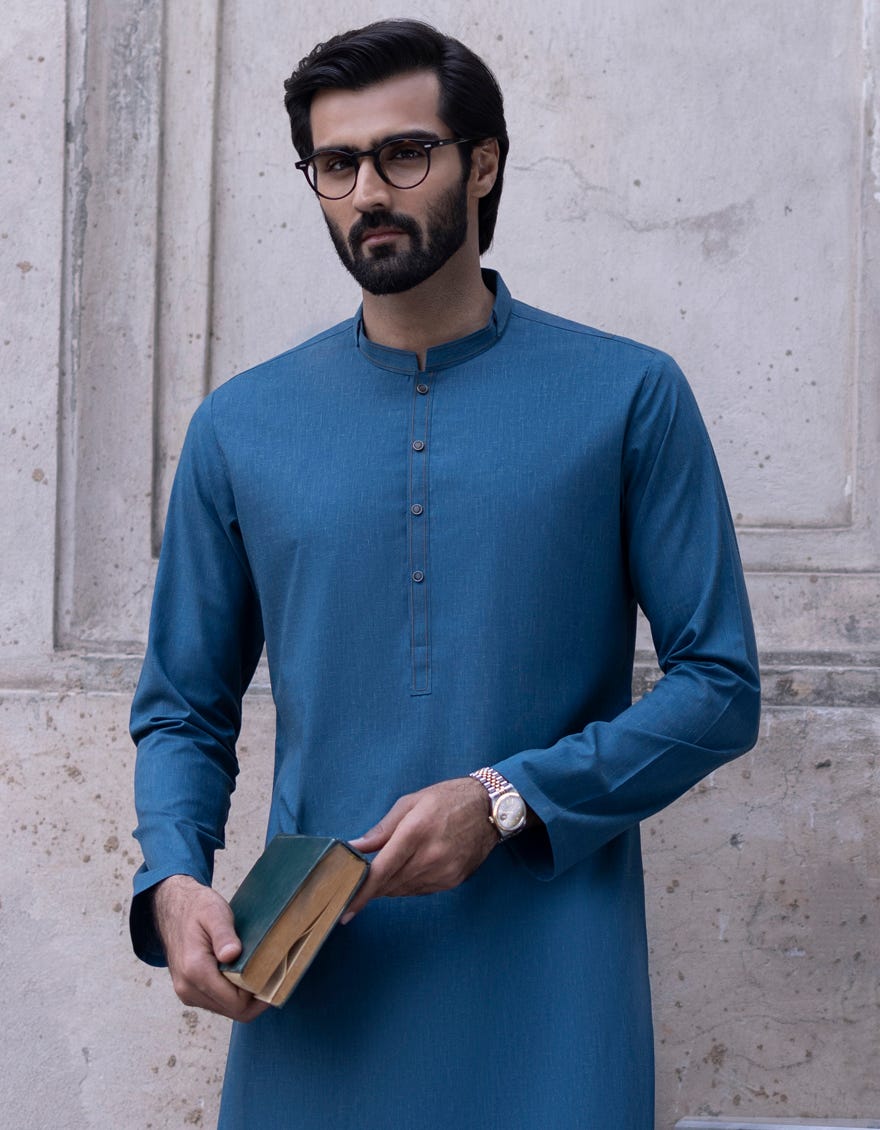 Blue Blended Men's Kameez Shalwar | Jjks-S-32729