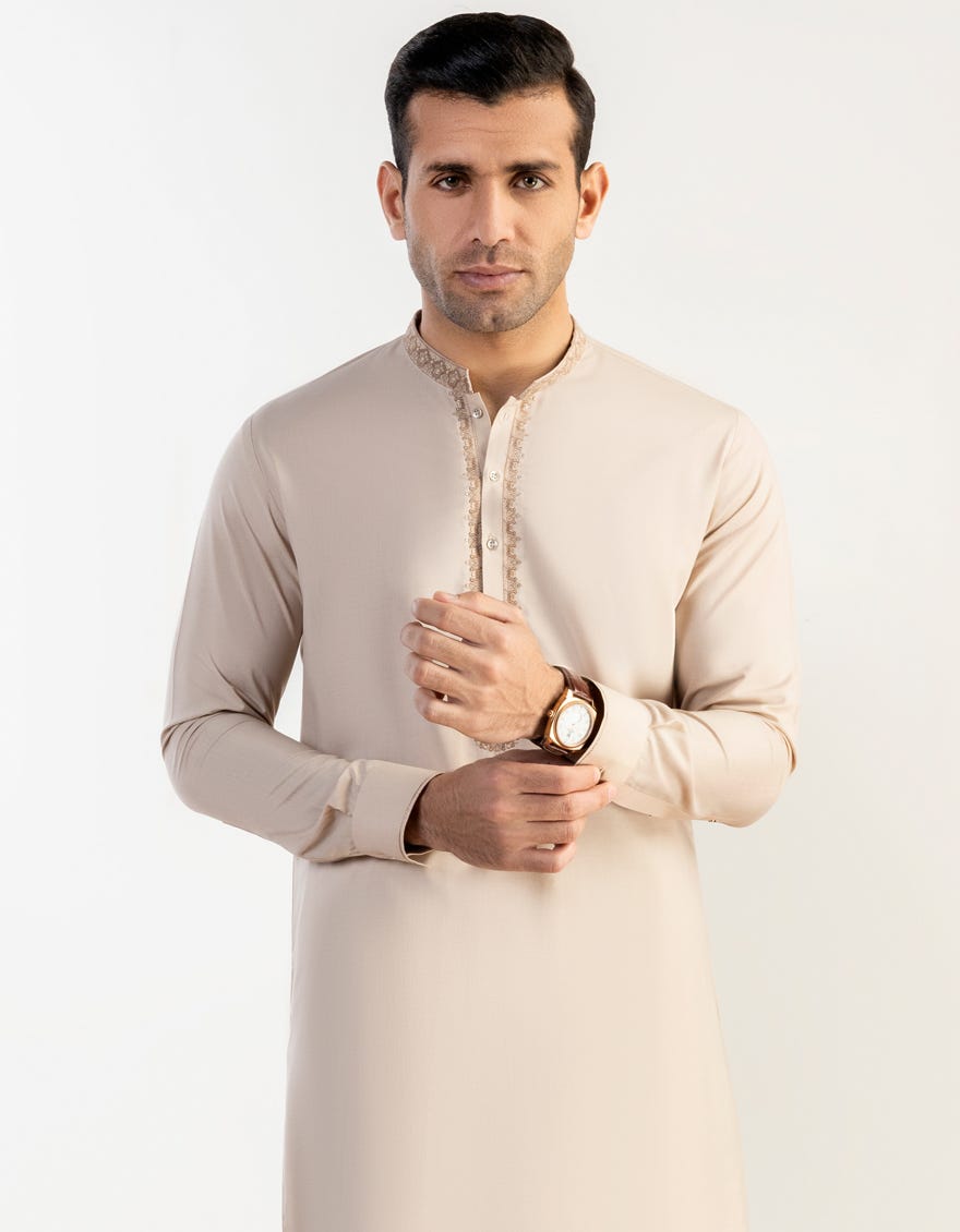Fawn Blended Men's Kameez Shalwar | Jjks-S-32732