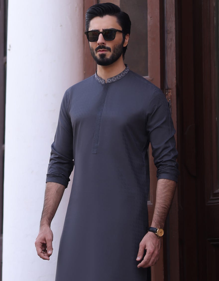 Dark Grey Blended Men's Kurta | Jjk-S-32734