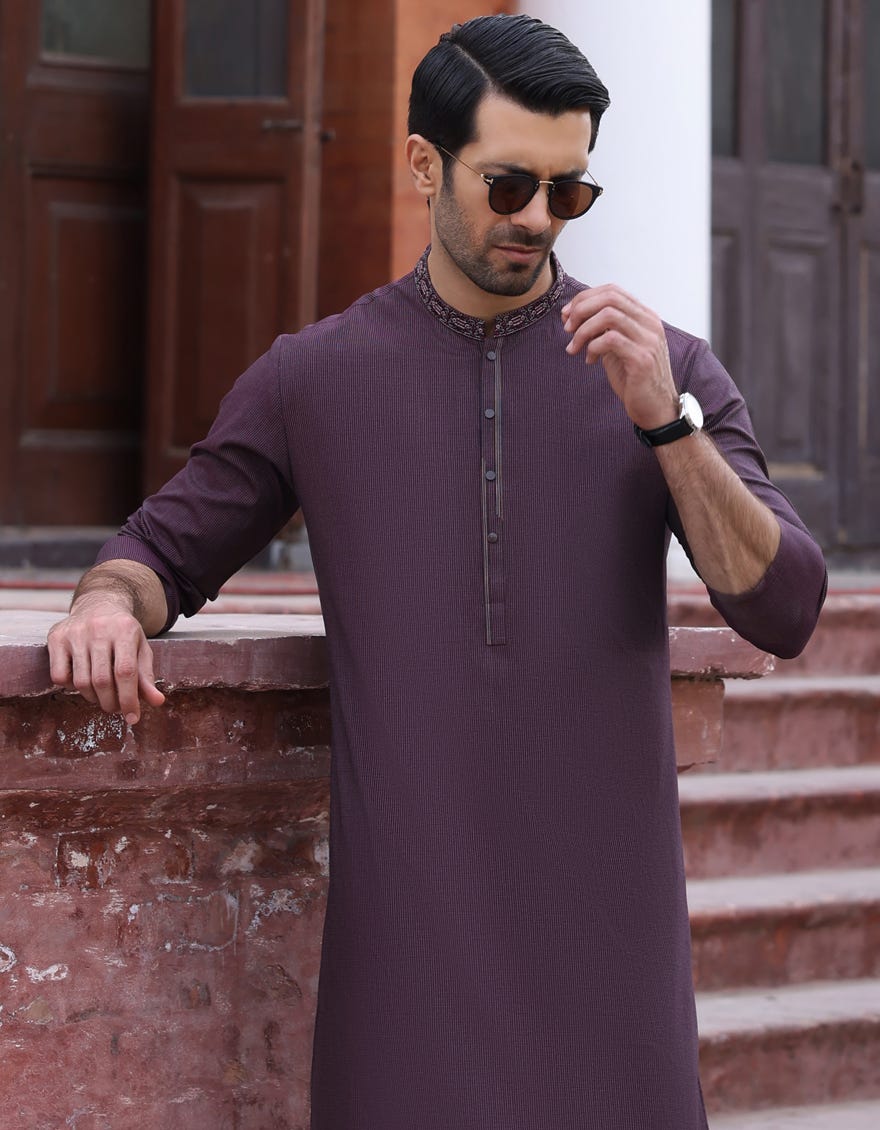 Hatched Red Cotton Men's Kurta | Jjk-S-32735