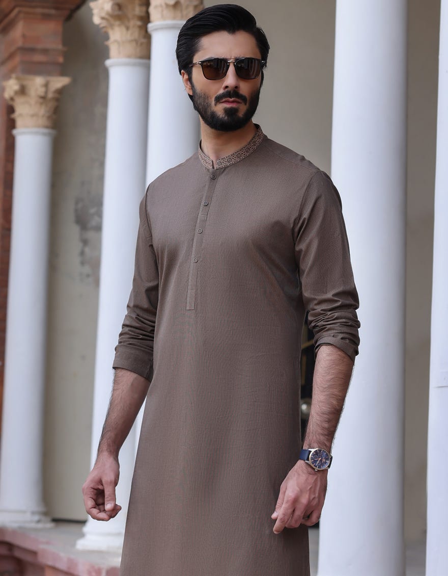 Hatched Brown Cotton Men's Kurta | Jjk-S-32737