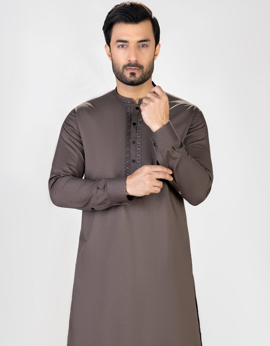 Brown Blended Men's Kameez Shalwar | Jjks-S-32739