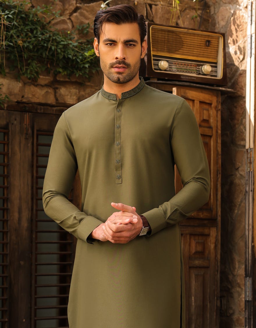 Army Green Blended Men's Kameez Shalwar | Jjks-S-32749