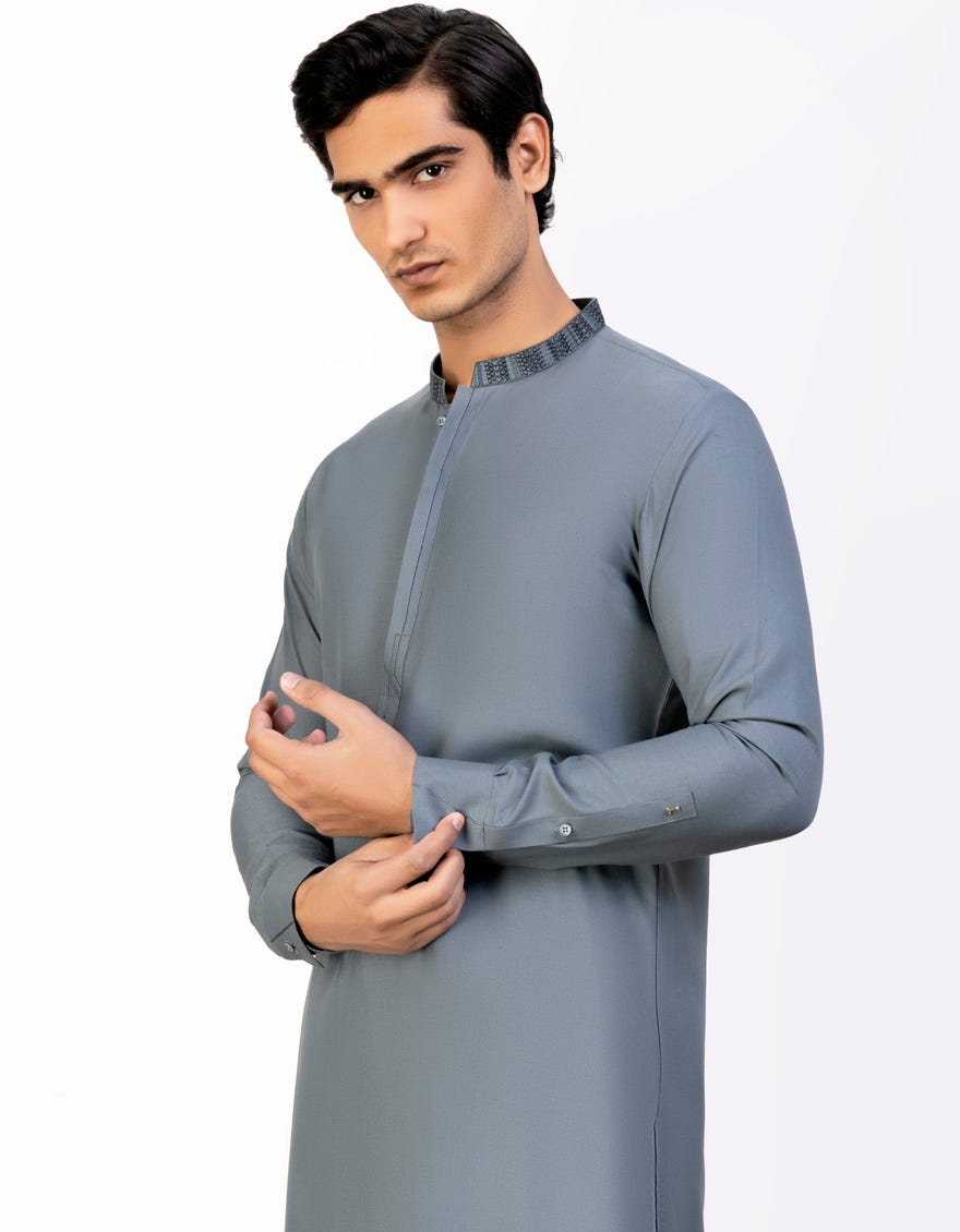 Grey Blended Men's Kameez Shalwar | Jjks-S-32750