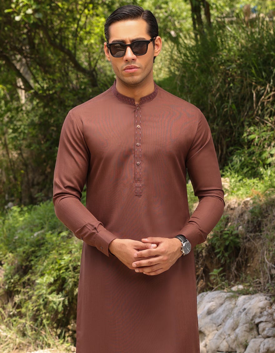 Rust Polyester Men's Kameez Shalwar | Jjks-S-32755