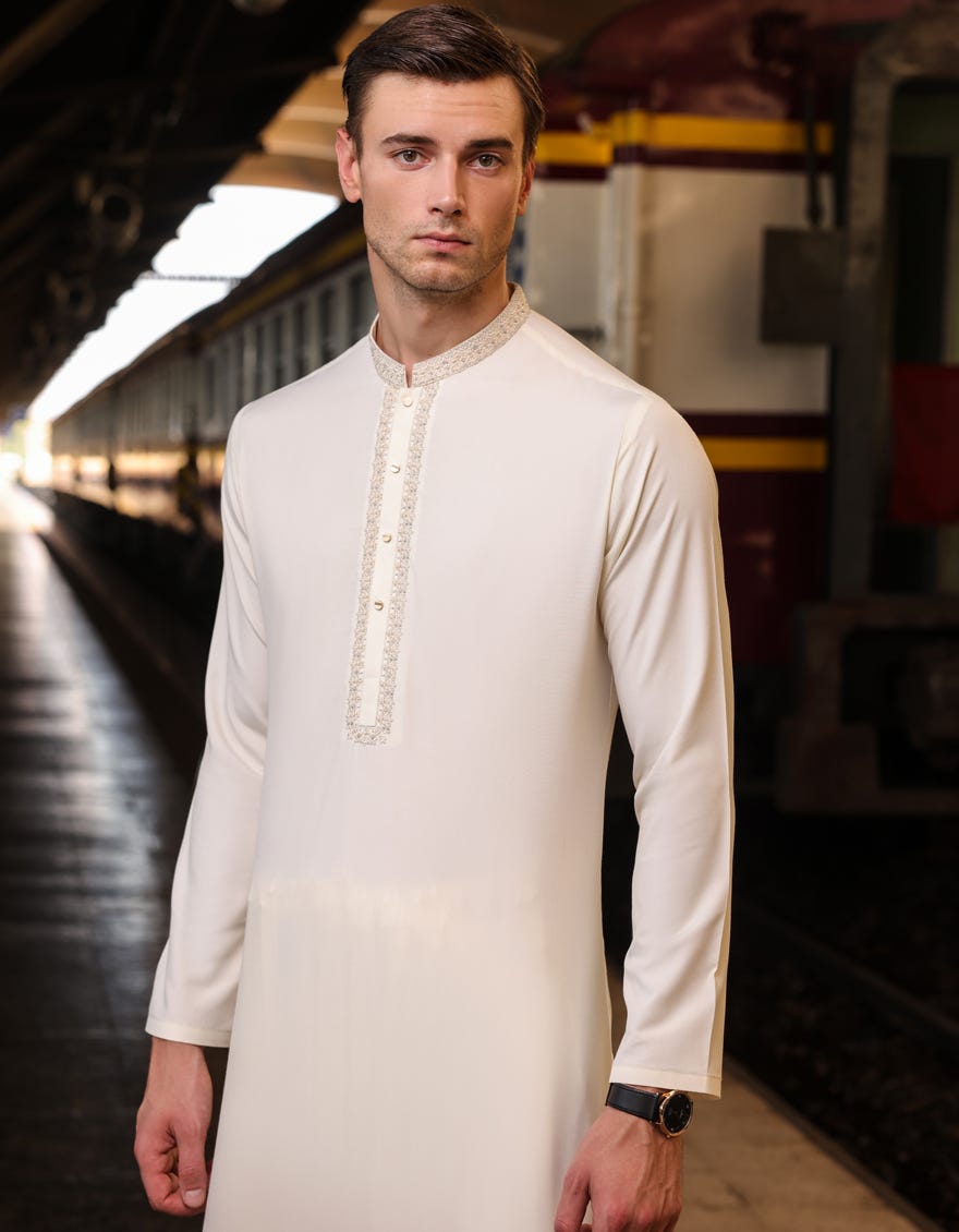 White Blended Men's Kameez Shalwar | Jjks-S-32758