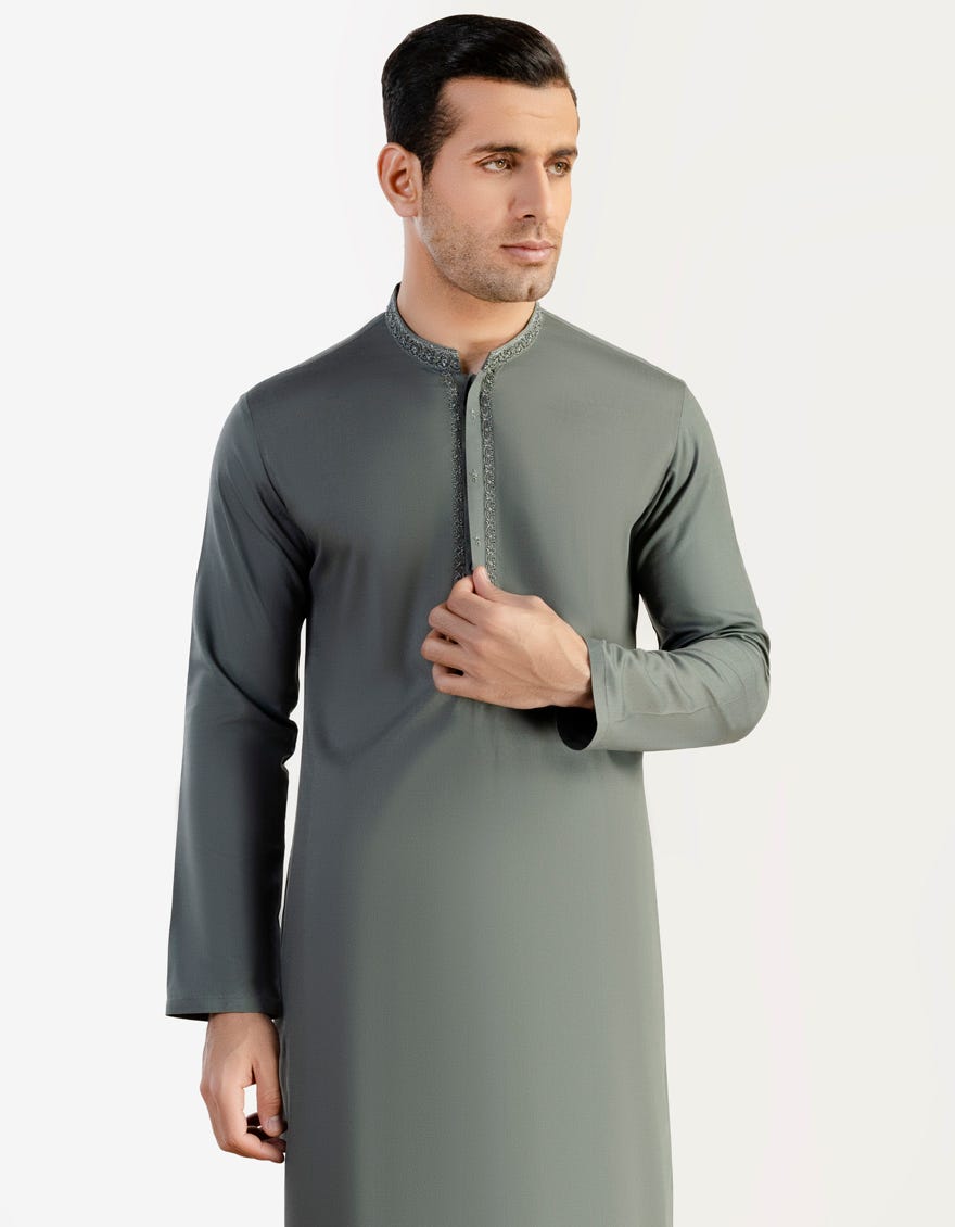 Sage Green Blended Men's Kameez Shalwar | Jjks-S-32765
