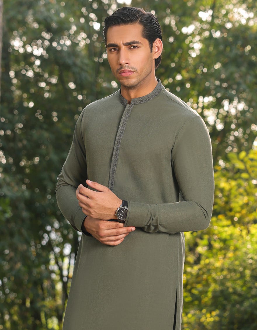 Green Blended Men's Kameez Shalwar | Jjks-S-32769
