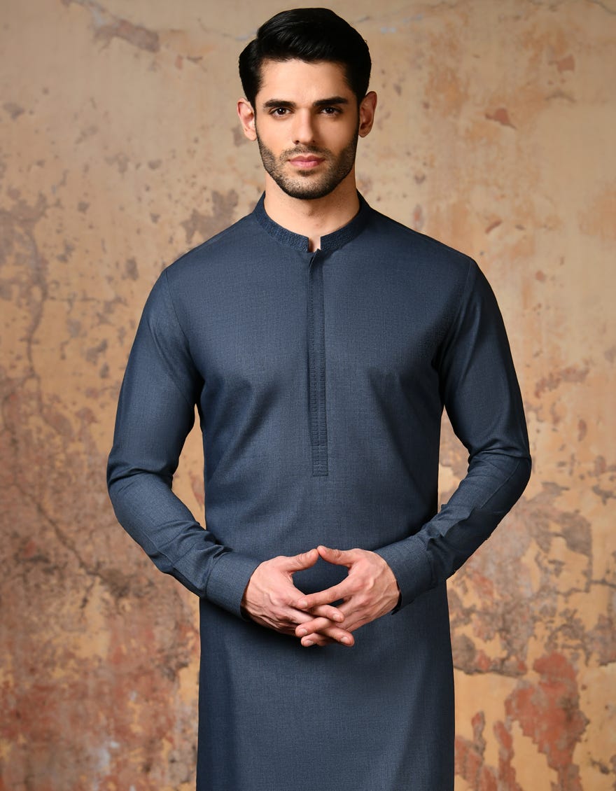 Bluish Grey Blended Men's Kameez Shalwar | Jjks-S-32771