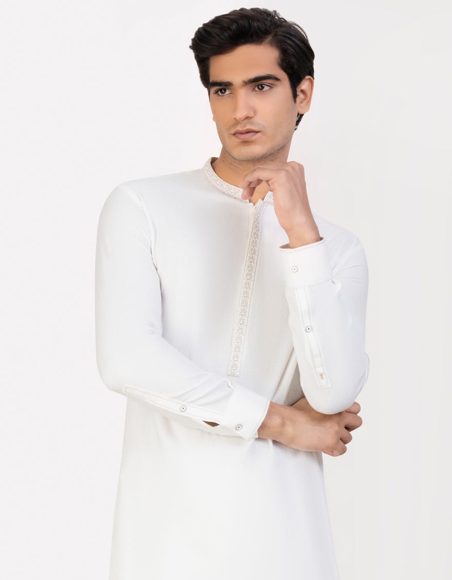 White Ayudhiya Men's Kameez Shalwar | Jjks-A-32783