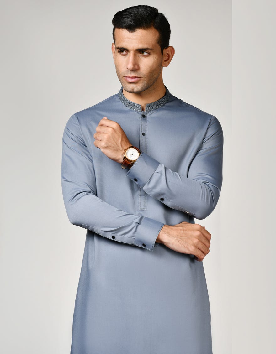Light Grey Blended Men's Kameez Shalwar | Jjks-S-32786