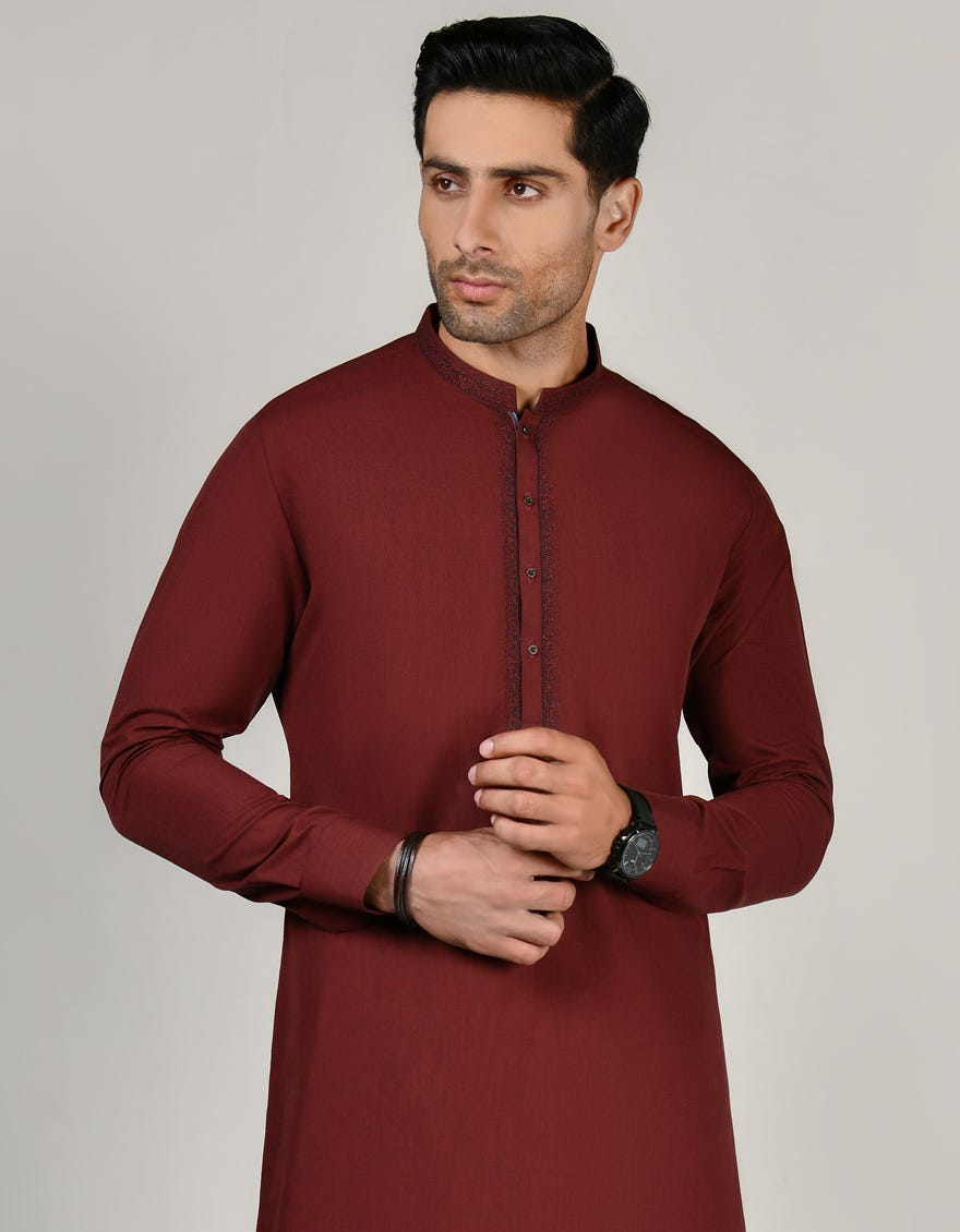Red Blended Men's Kameez Shalwar | Jjks-S-32790