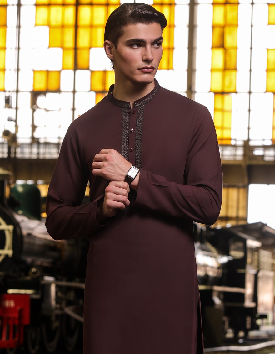 Maroon Blended Men's Kameez Shalwar | Jjks-S-32807